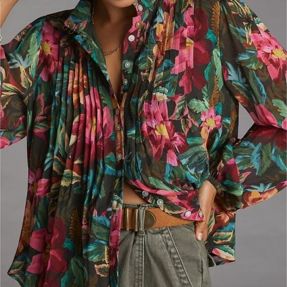 Farm Rio for‎ Anthropologie Floral Pintucked Blouse Size XS NEW - Picture 1 of 13